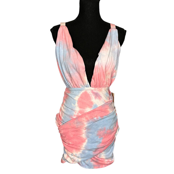 Superdown Pink Plunging Ruched Mini Dress SMALL Bodycon Watercolor Revolve NEW - Picture 4 of 8